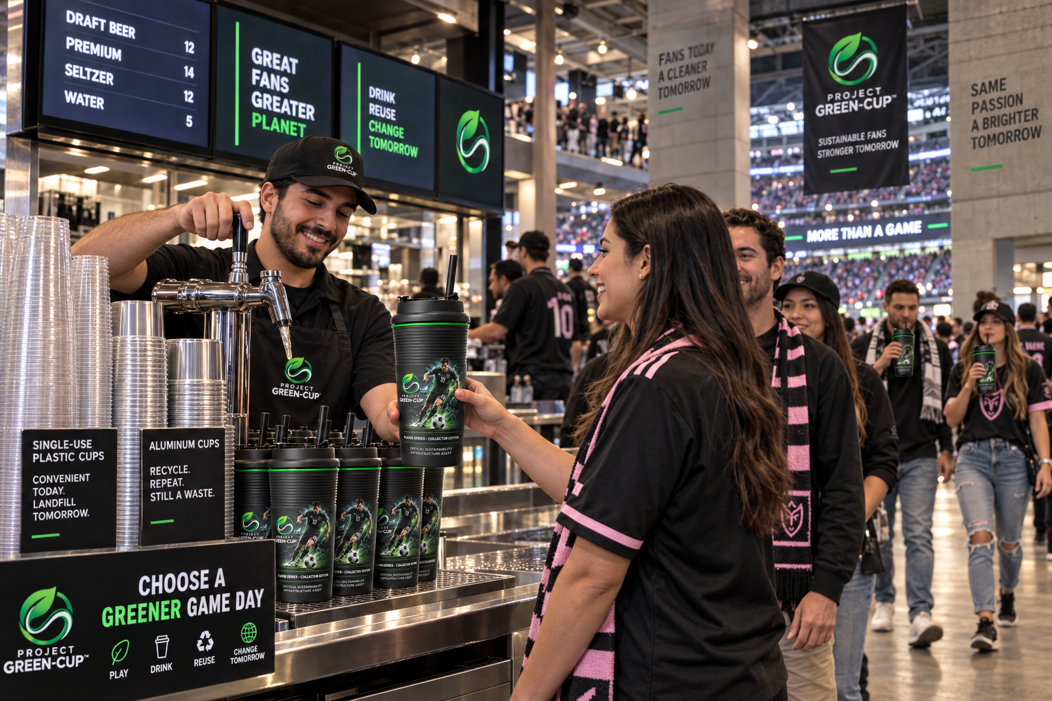 Fans choosing Player Series Project Green-Cup vessels at a busy stadium concession bar