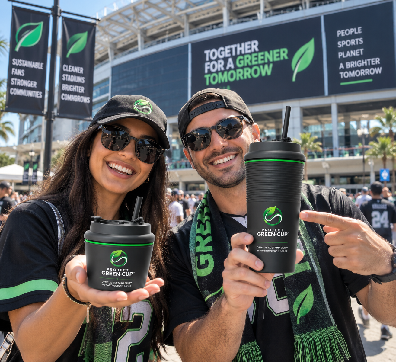 Two fans holding Project Green-Cup keepsakes outside a stadium