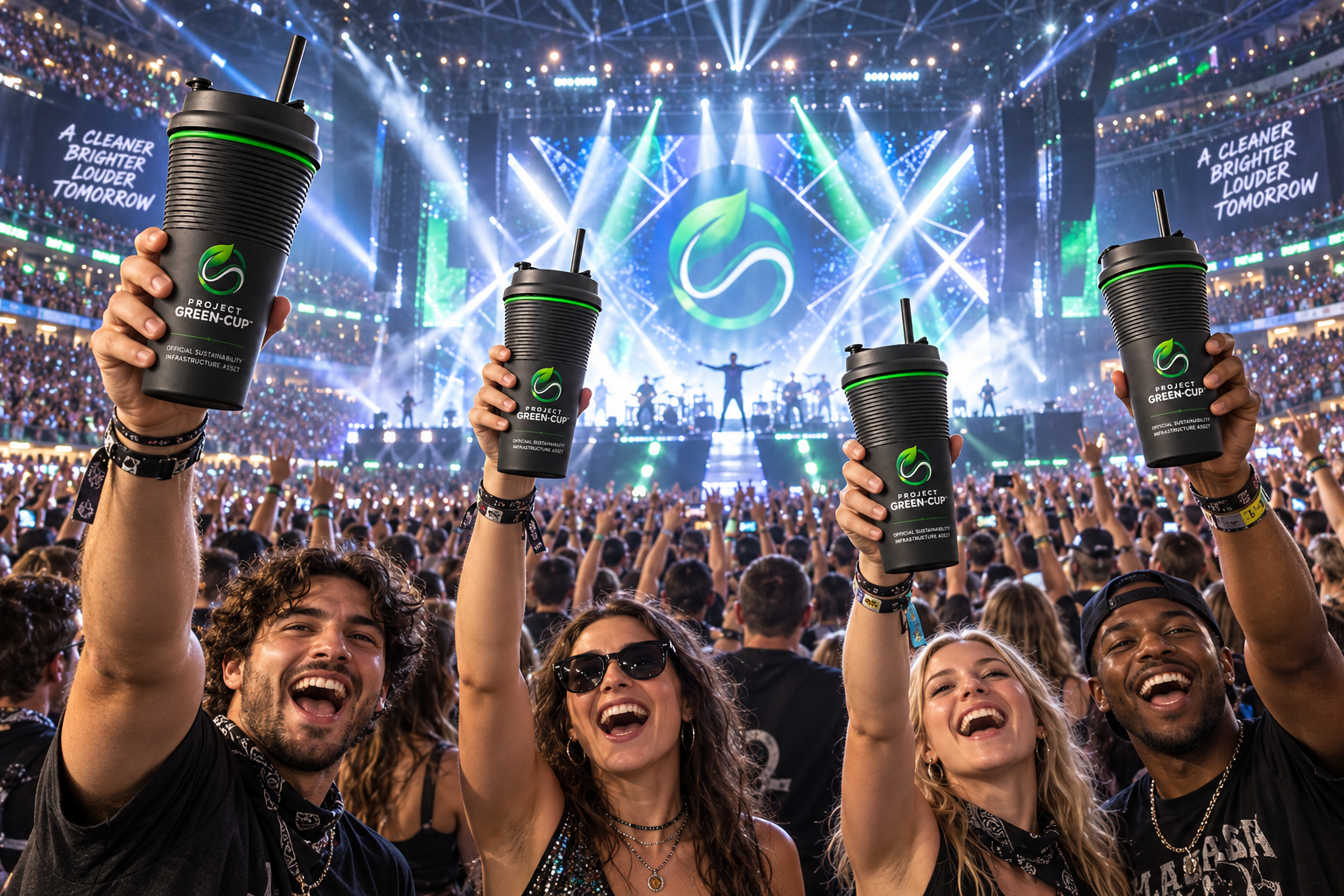 Concert fans raising Project Green-Cup vessels inside a packed live event arena