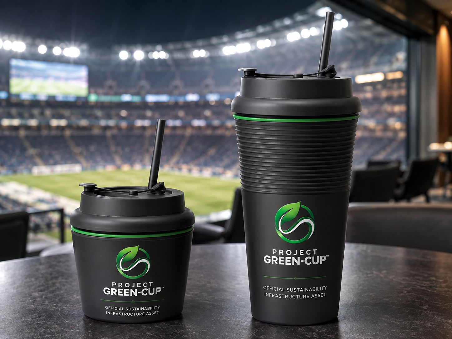 Project Green-Cup vessels shown in their tall and collapsed states inside a stadium