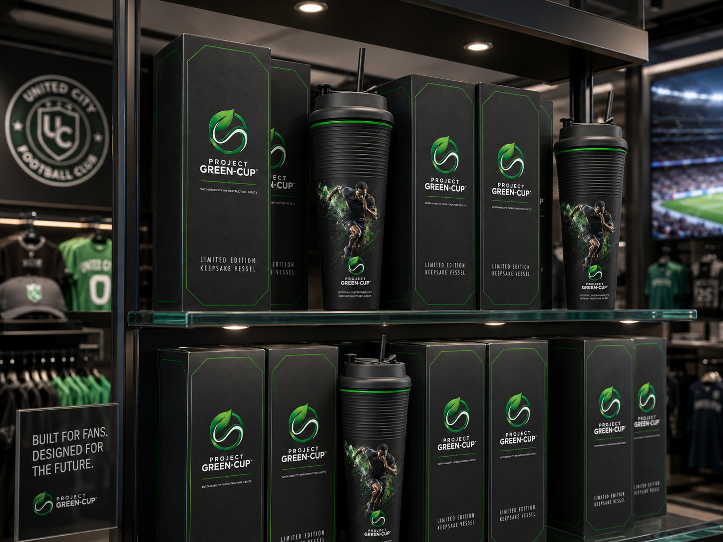 Boxed Project Green-Cup vessels displayed on a pro shop shelf