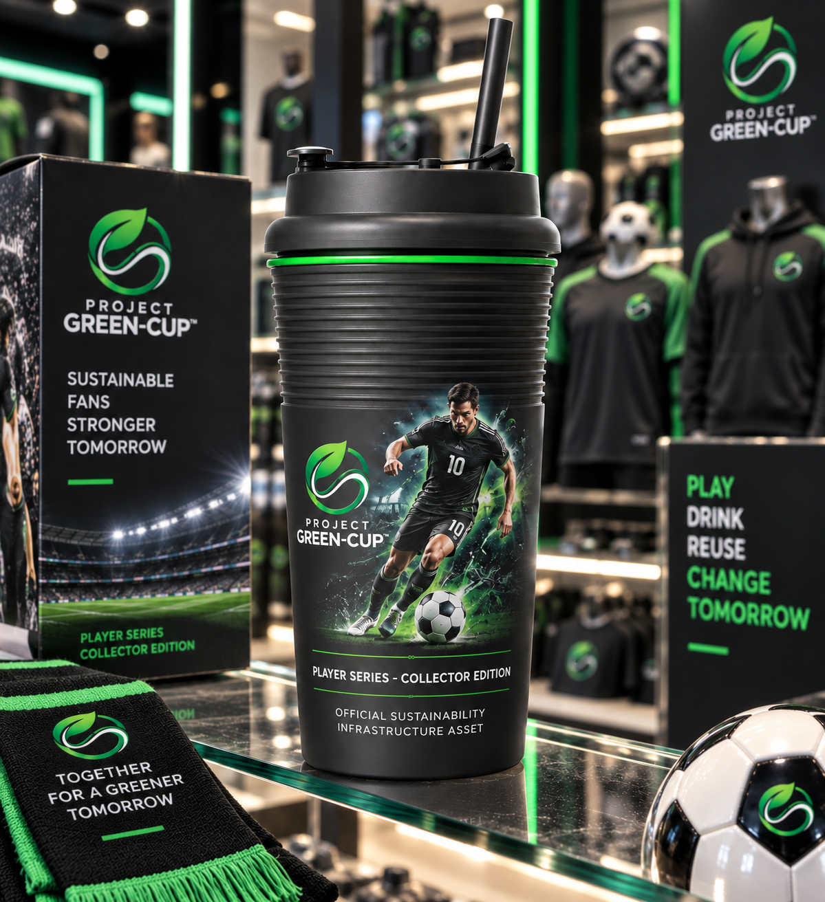 Project Green-Cup player-series collector cup displayed inside a sports merchandise store