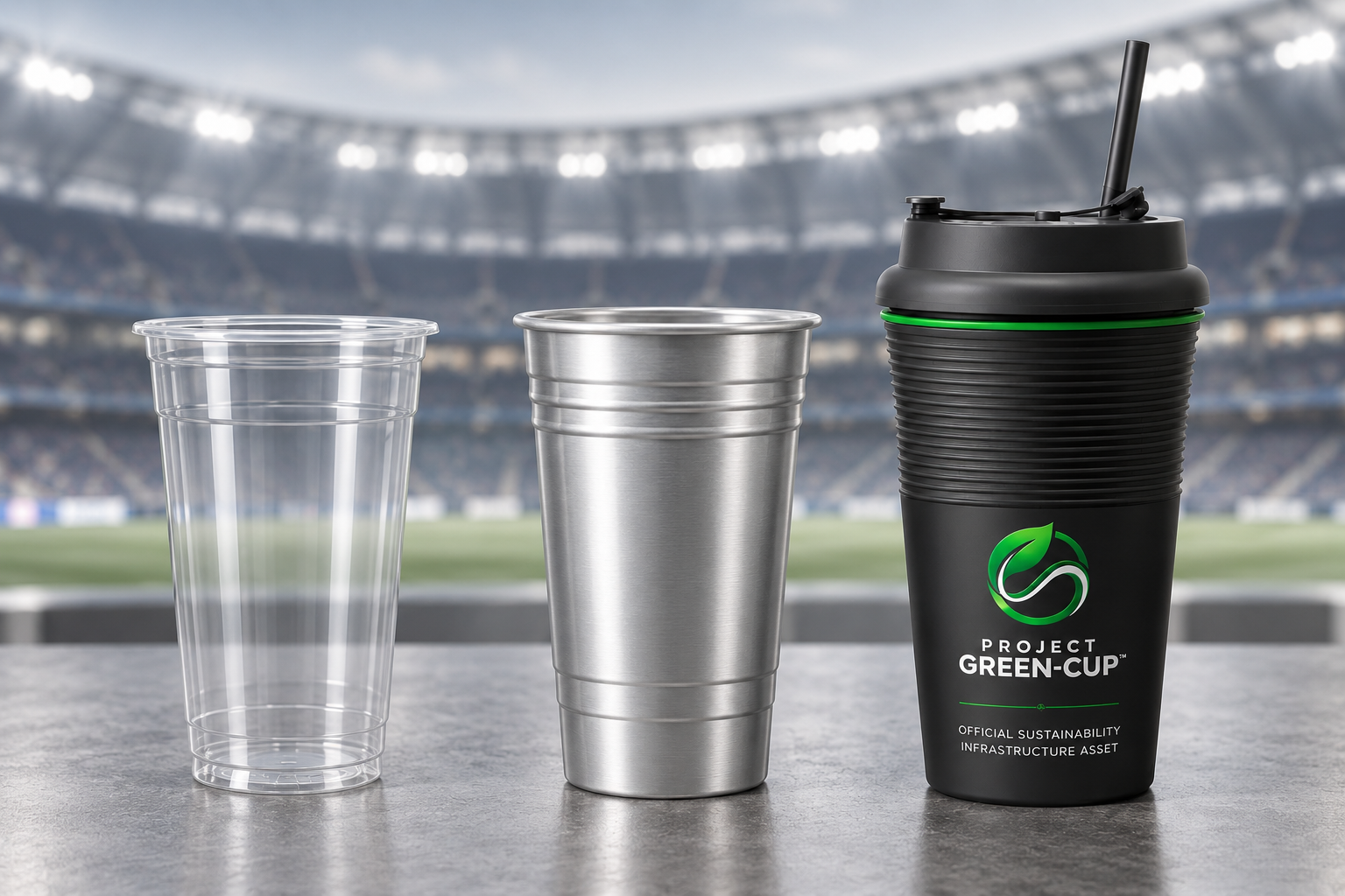 Side-by-side comparison of a single-use plastic cup, an aluminum cup, and a reusable Project Green-Cup vessel