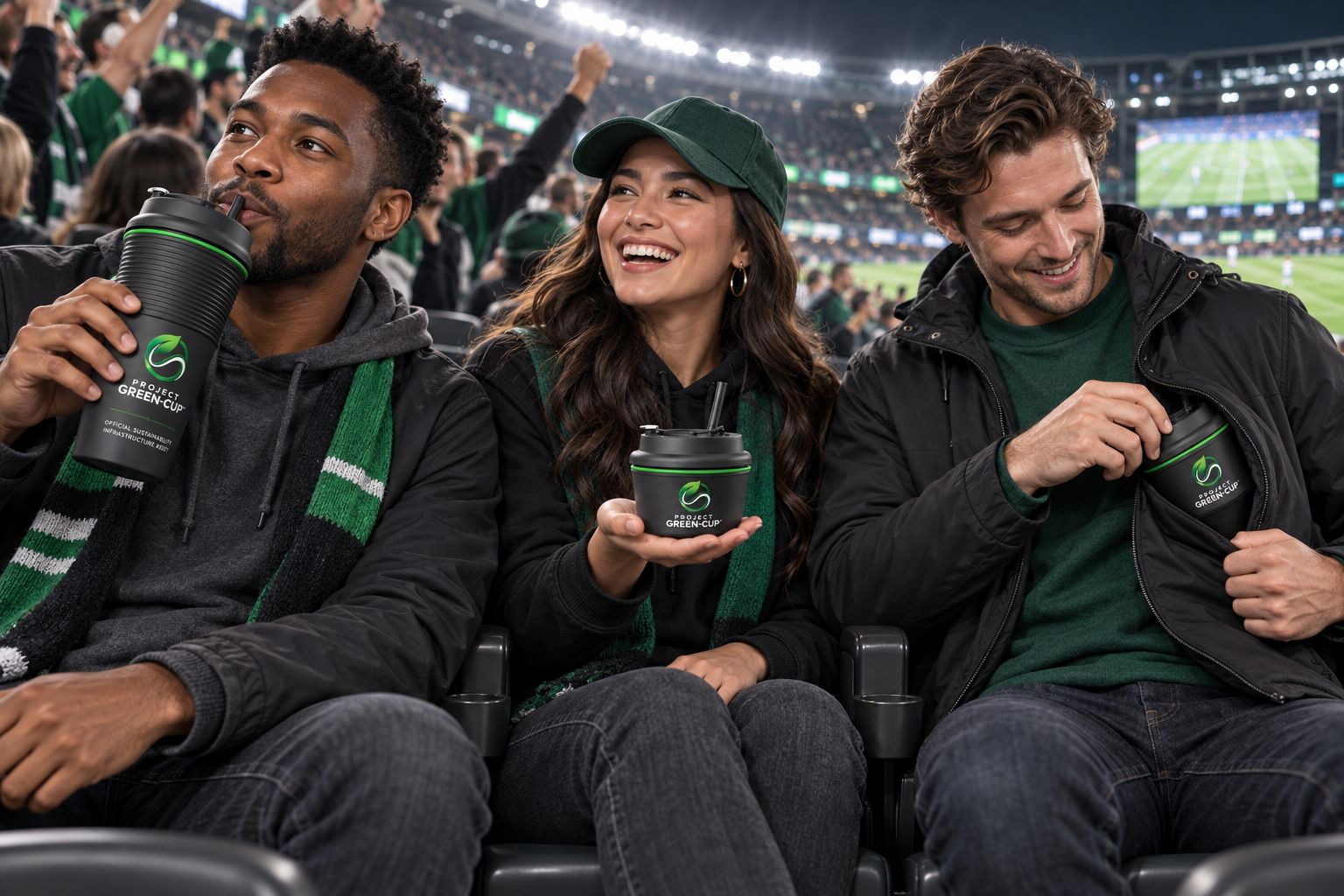 Three stadium fans drinking from, holding, and storing Project Green-Cup vessels in extended and collapsed states