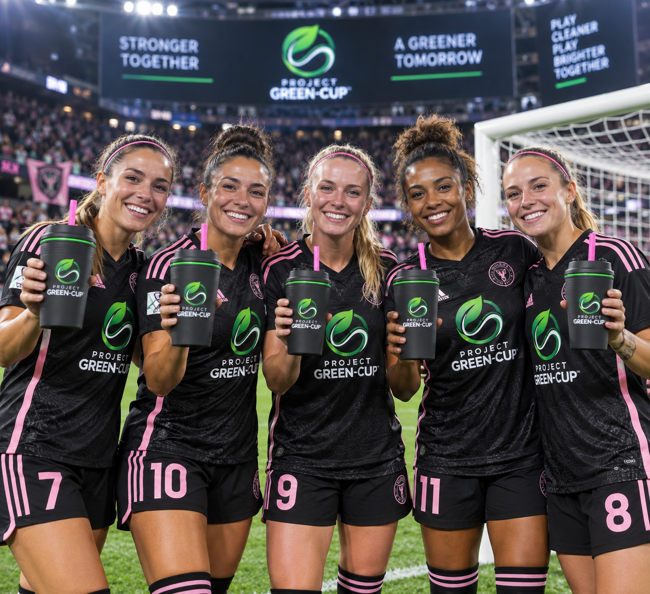 Women soccer players celebrating together while holding Project Green-Cup vessels